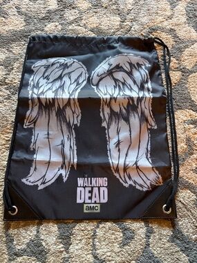 The Walking Dead Black Drawstring Backpack with Angel Wings Graphic